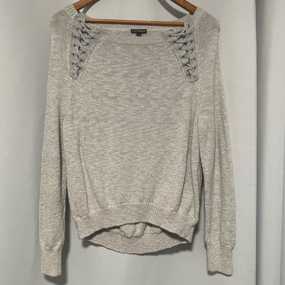 Like New Gray Express Sweater Pullover with Lace Up Detail Size Small